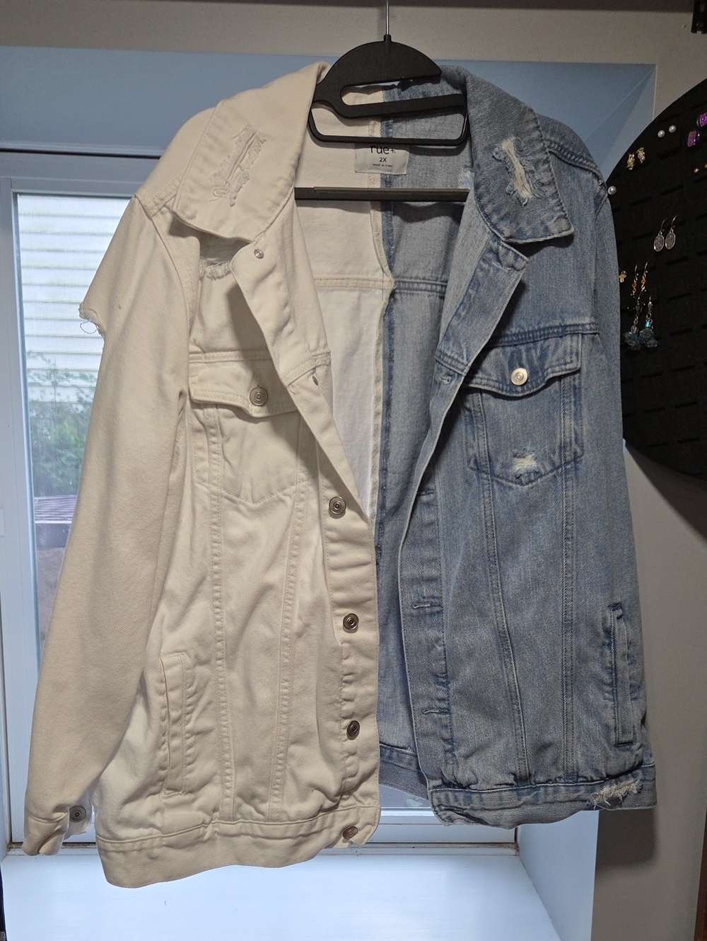 Rue 21 Distressed Two-Tone White and Light Blue Denim Jacket